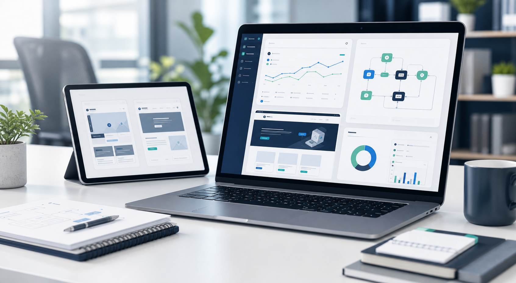 Interface moderna com dashboards, sites e fluxos de automação em um ambiente profissional